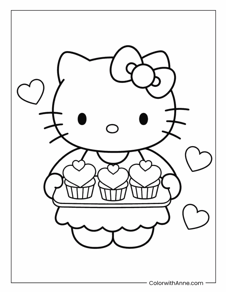 Hello Kitty Valentine's Day Cupcakes Coloring Page