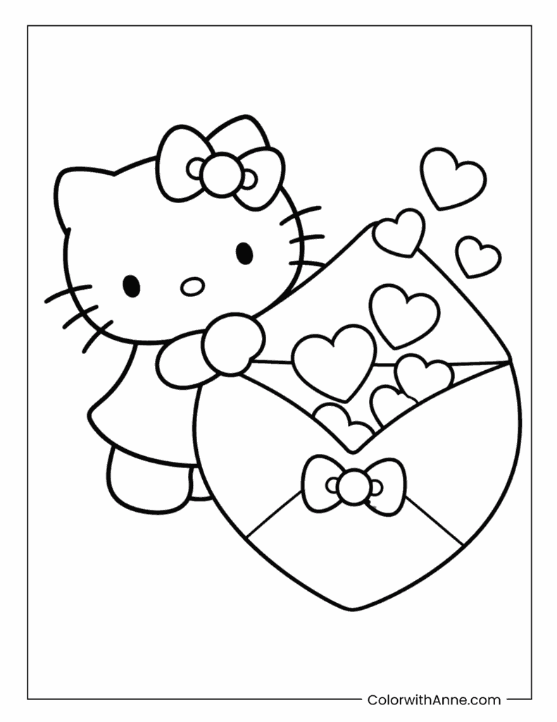 Hello Kitty Valentine's Day Envelope Full of Hearts Coloring Page