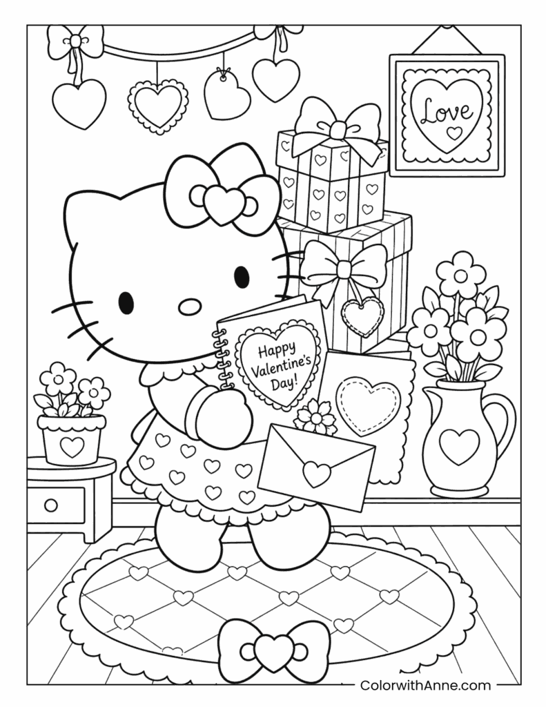 Hello Kitty Valentine's Day Gift Room Detailed Coloring Page