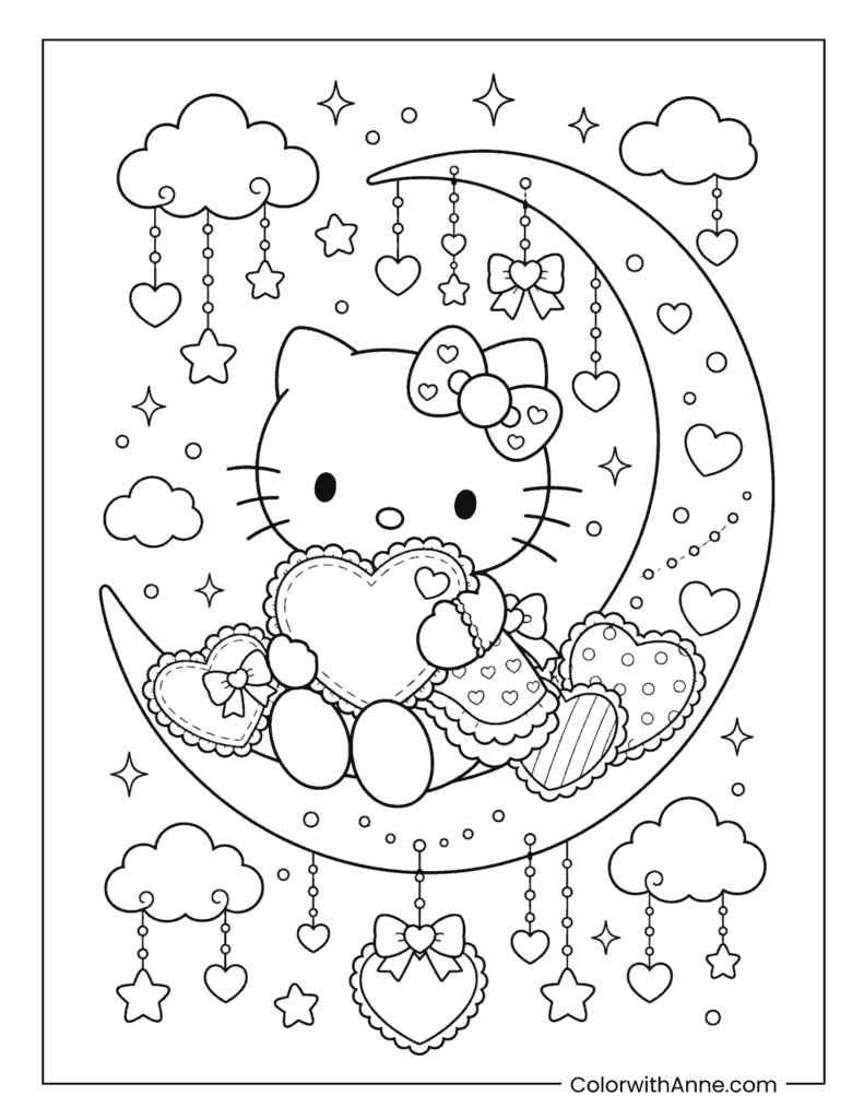 Hello Kitty Valentine's Day Moon and Stars Coloring Page