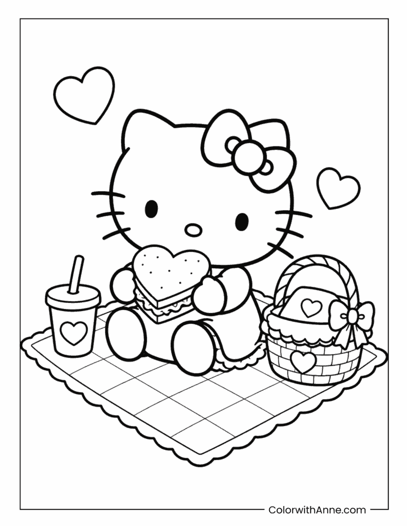 Hello Kitty Valentine's Day Picnic Coloring Page