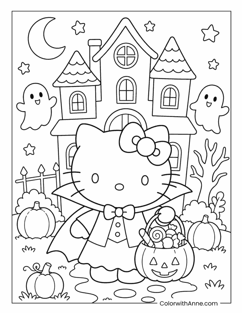 Hello Kitty Vampire with Haunted House Coloring Page
