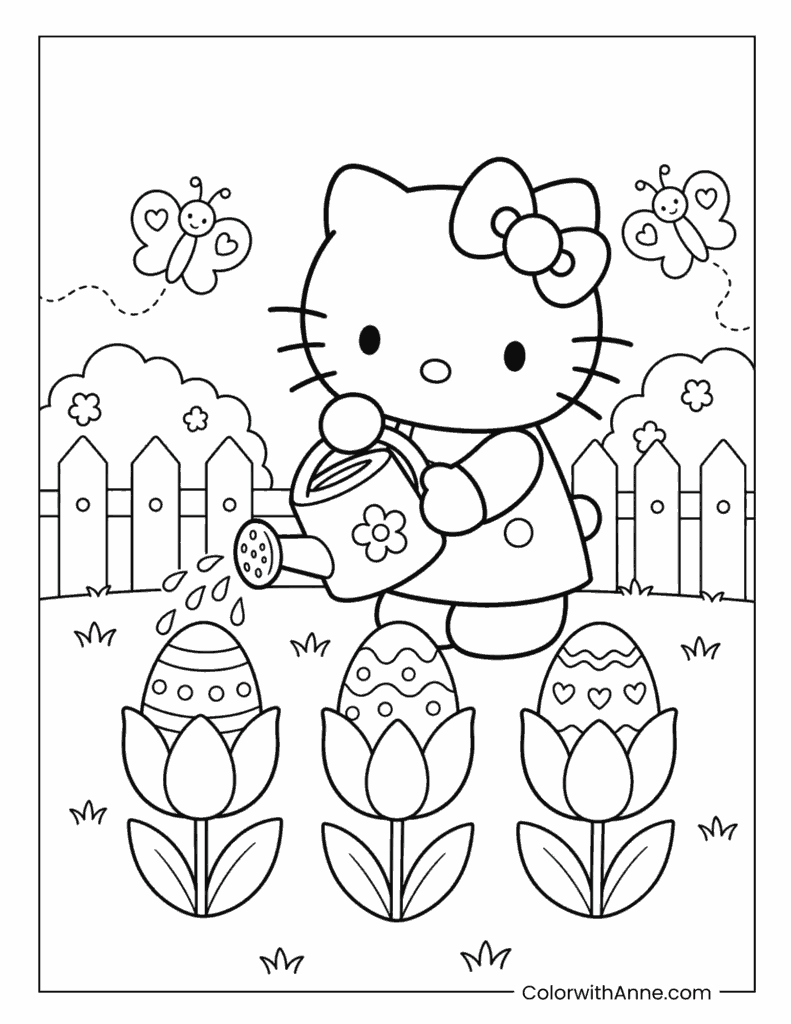 Hello Kitty Watering Easter Eggs in Flower Pots Coloring Page