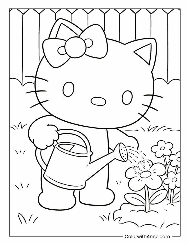 Hello Kitty Watering Flowers Coloring Page