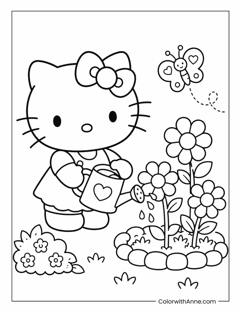 Hello Kitty Watering Flowers in the Garden Coloring Page