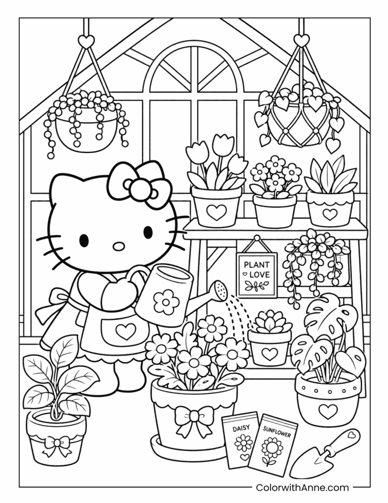 Hello Kitty Watering Plants in the Greenhouse Coloring Page