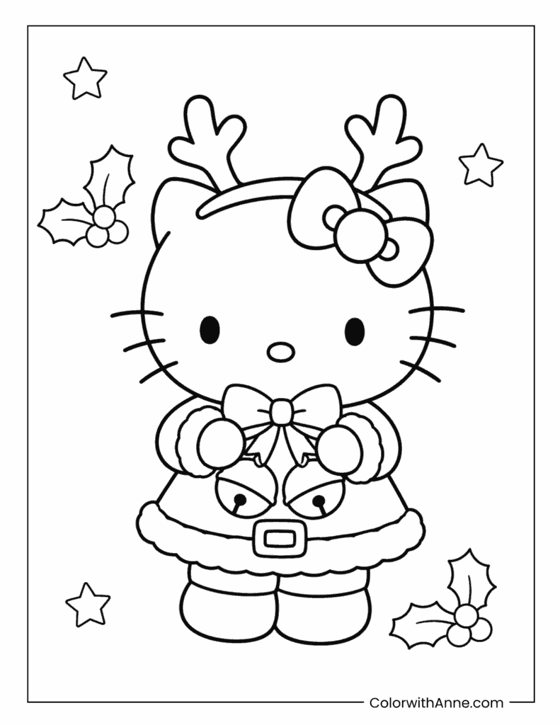 Hello Kitty Wearing Reindeer Antlers Coloring Page