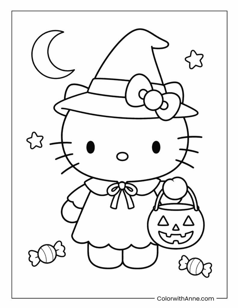 Hello Kitty Witch Costume for Halloween Coloring Page