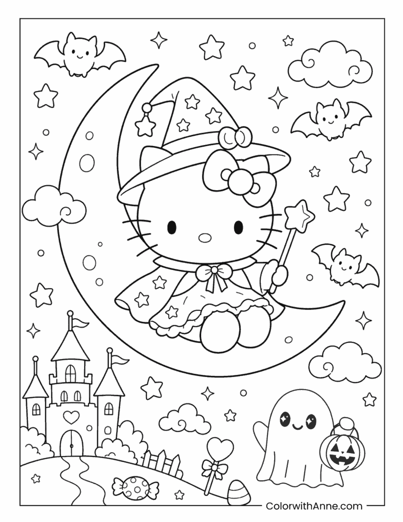 Hello Kitty Witch Sitting on the Moon Coloring Page