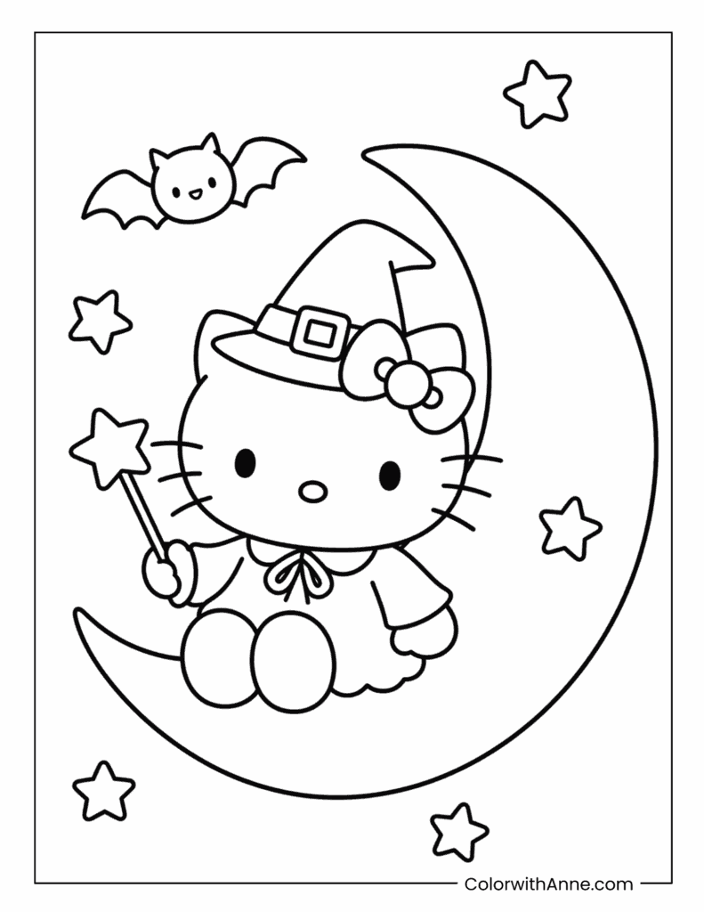 Hello Kitty Witch on the Moon Coloring Page