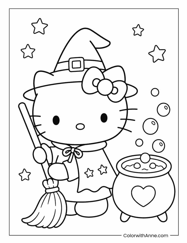 Hello Kitty Witch with Broom and Cauldron Coloring Page