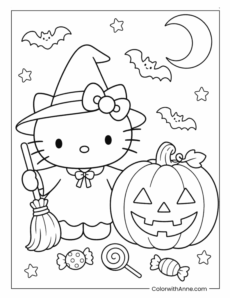 Hello Kitty Witch with Broom and Pumpkin Coloring Page