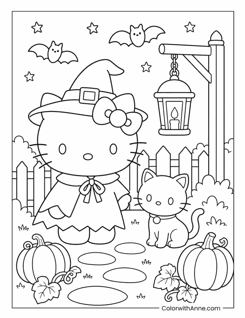 Hello Kitty Witch with Cat and Pumpkins Coloring Page