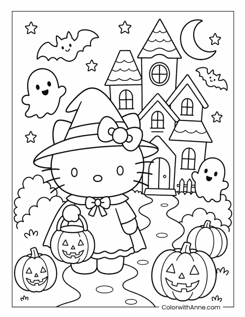Hello Kitty Witch with Ghosts and a Haunted House Coloring Page