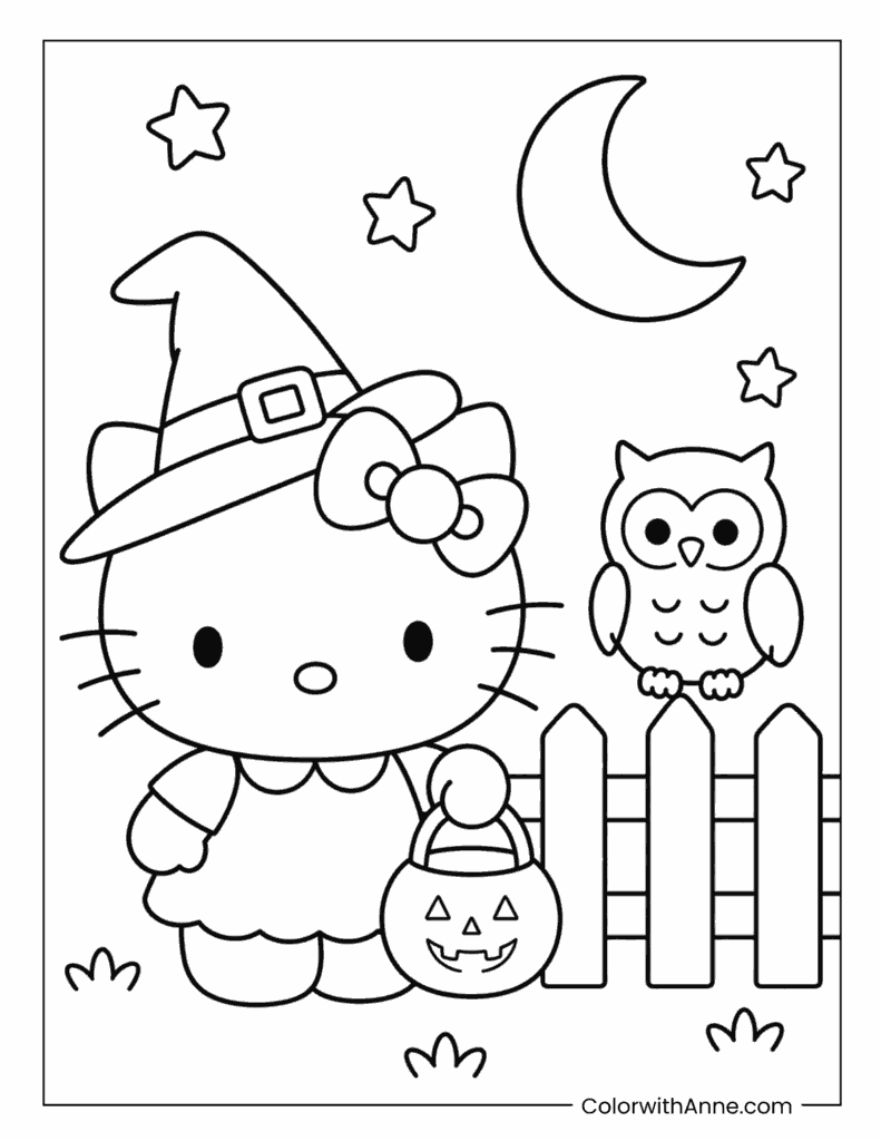 Hello Kitty Witch with Owl Halloween Coloring Page