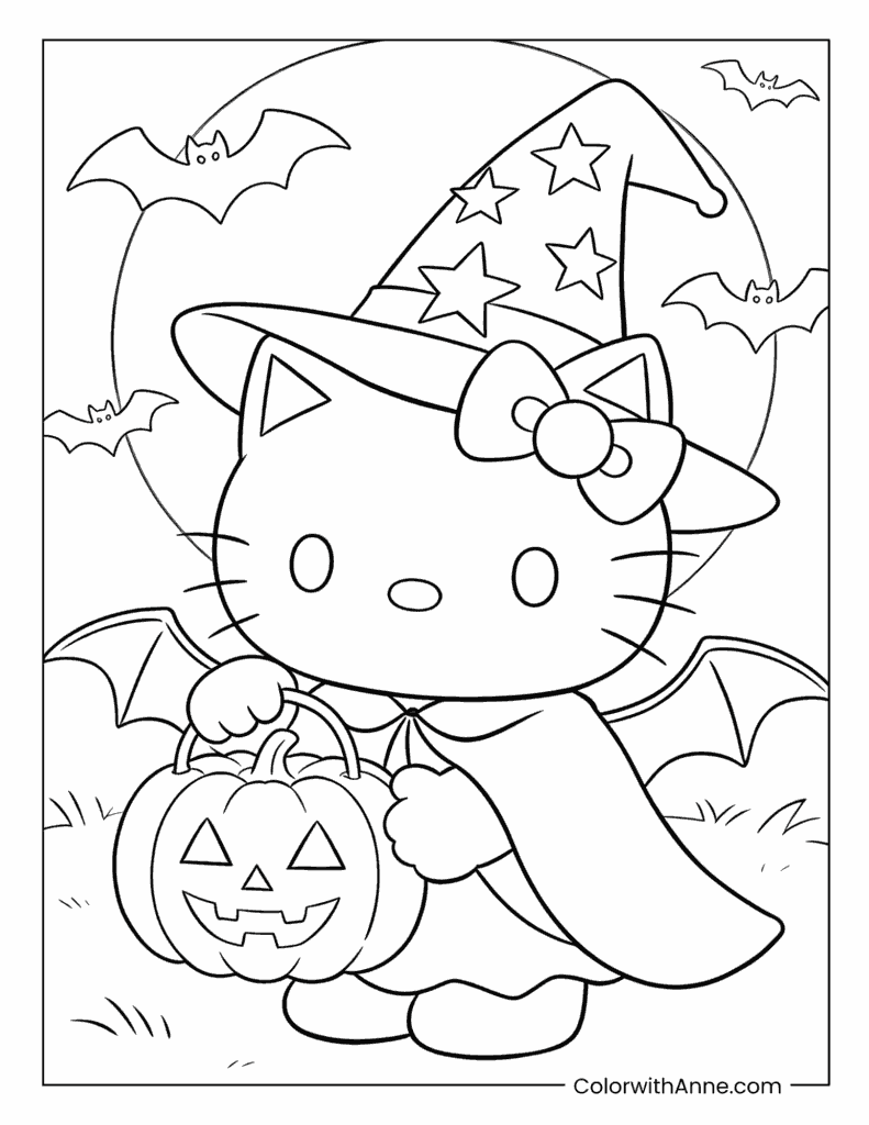 Hello Kitty Witch with Pumpkin for Halloween Coloring Page