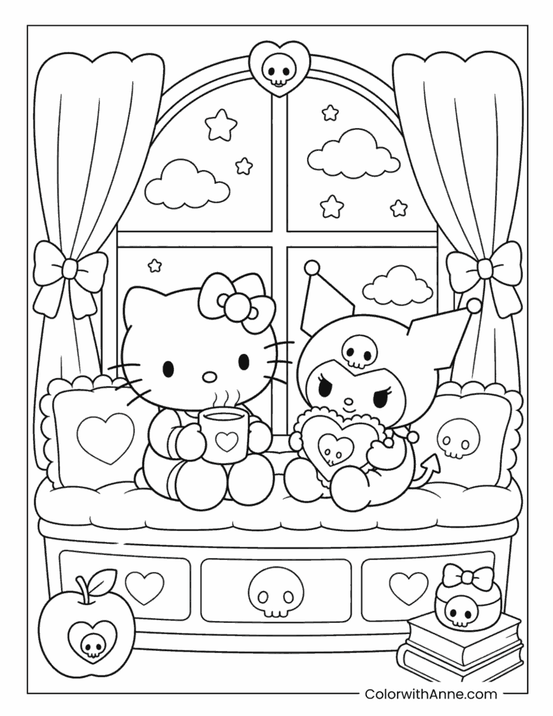 Hello Kitty With My Melody Enjoying Hot Drinks By A Window Coloring Page