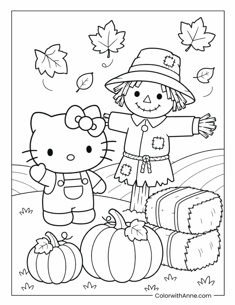 Hello Kitty With Scarecrow And Pumpkins Coloring Page