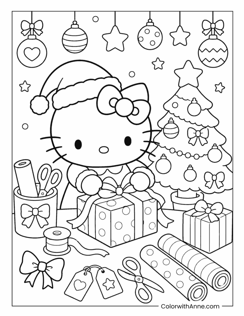 Hello Kitty Wrapping Christmas Gifts Coloring Page