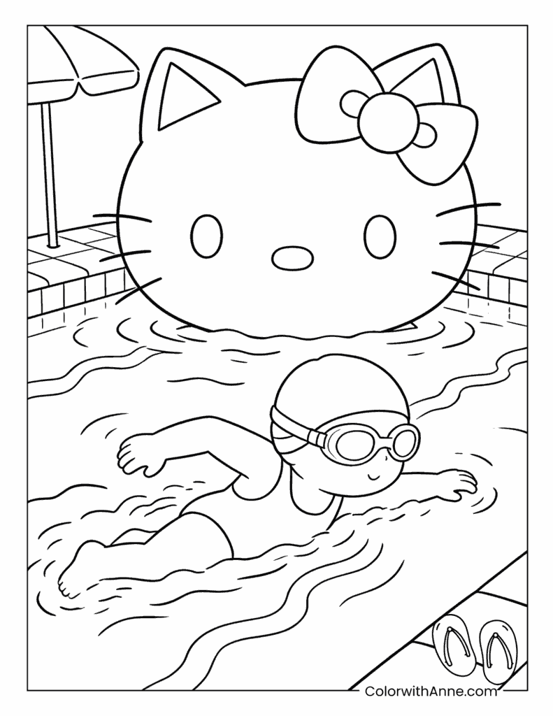 Hello Kitty and Child Swimming in the Pool Coloring Page