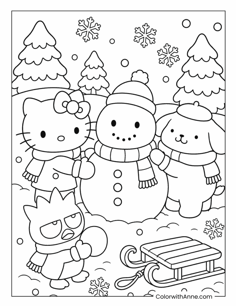 Hello Kitty and Friends Pompompurin and Badtz-Maru Building a Snowman in the Snow Coloring Page