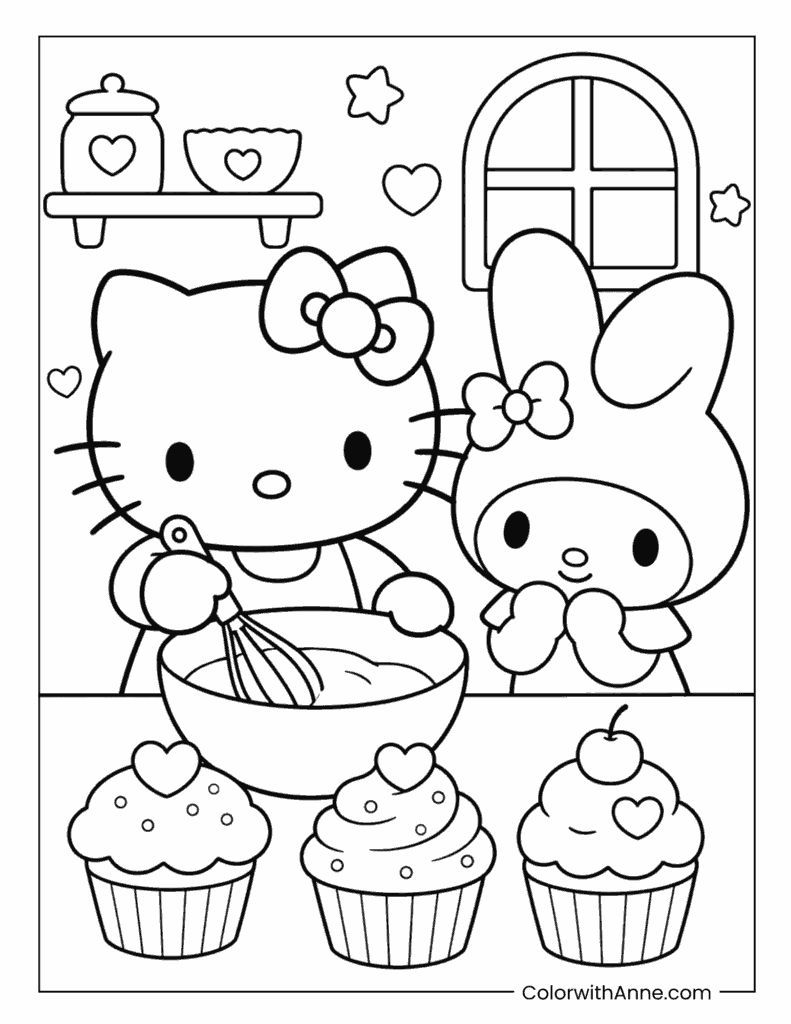 Hello Kitty and My Melody Baking Cupcakes Coloring Page