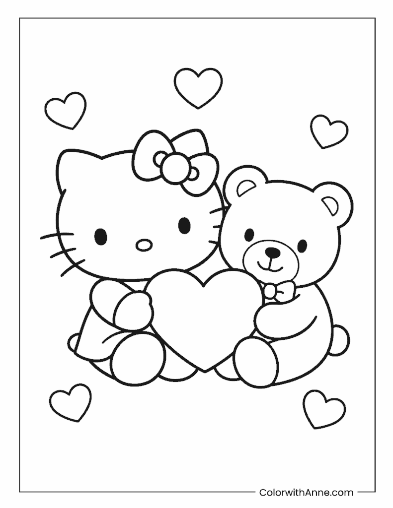 Hello Kitty and Teddy Bear Valentine Coloring Page