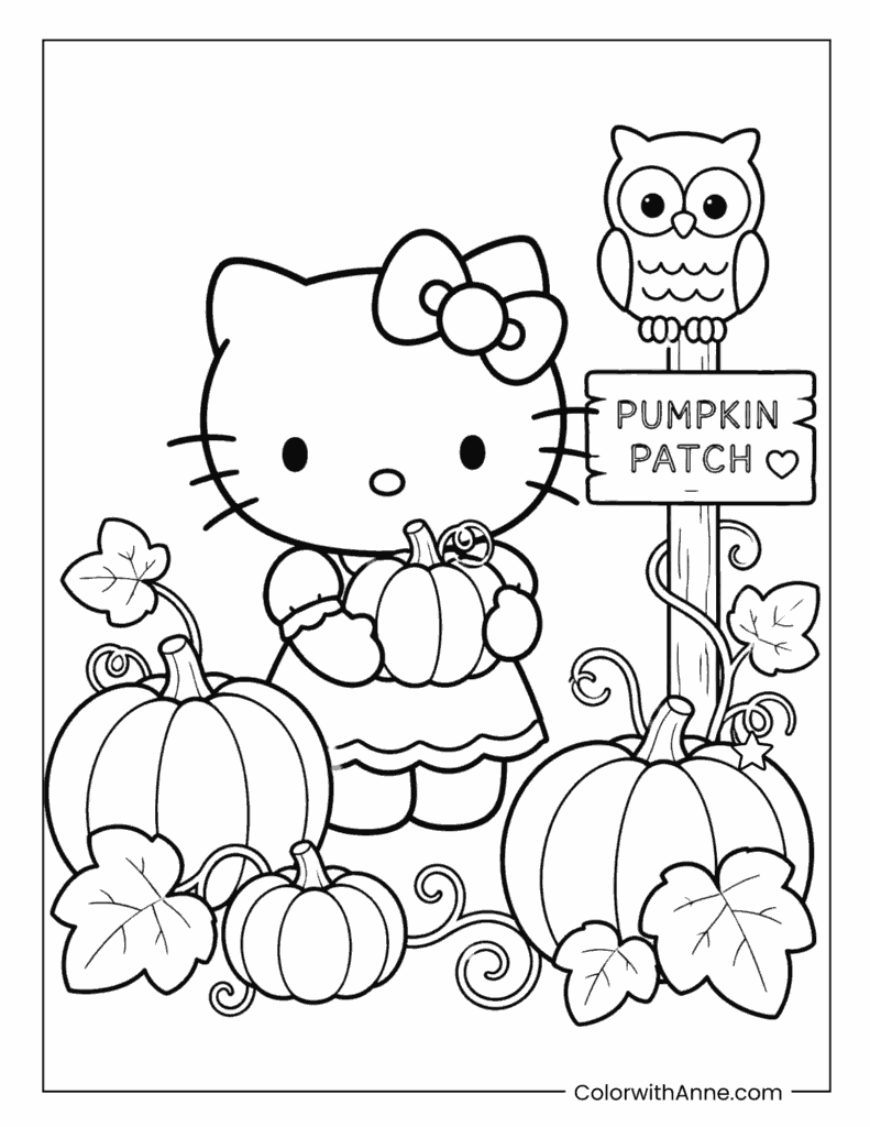 Hello Kitty at the Pumpkin Patch Coloring Page