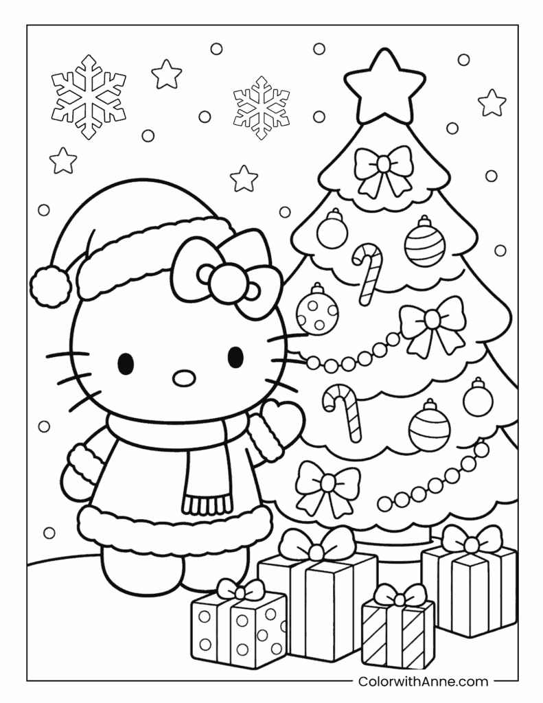Hello Kitty by the Christmas Tree and Gifts Coloring Page