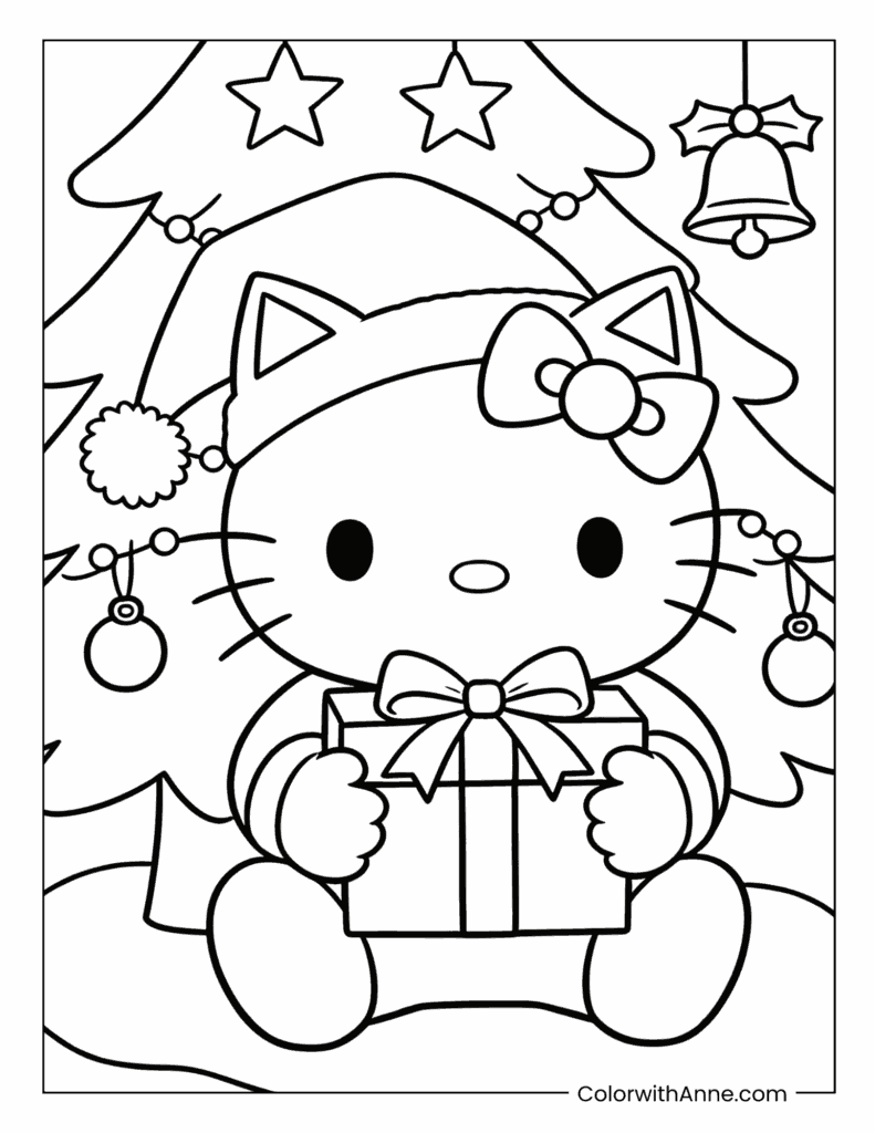 Hello Kitty in Christmas Hat with Gift Coloring Page