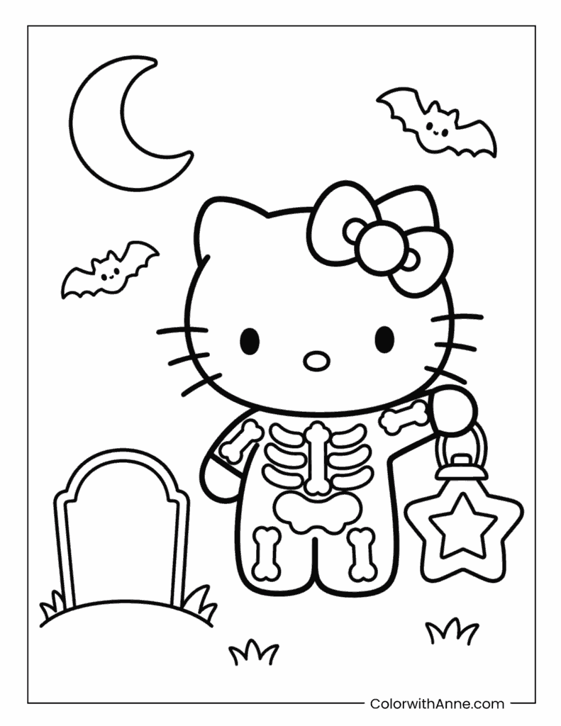 Hello Kitty in Skeleton Halloween Costume Coloring Page