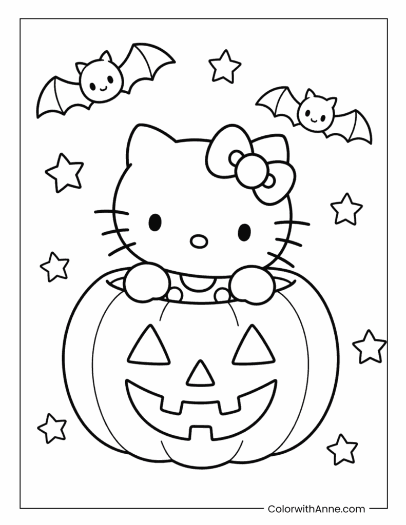 Hello Kitty in a Giant Pumpkin Simple Halloween Coloring Page