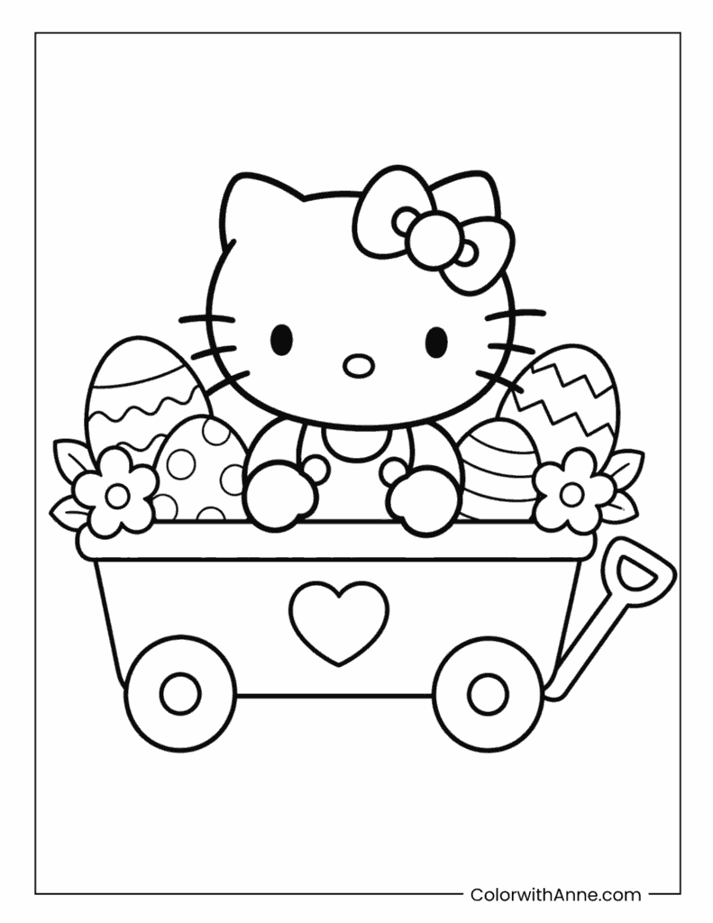 Hello Kitty in a Wagon Full of Easter Eggs Coloring Page