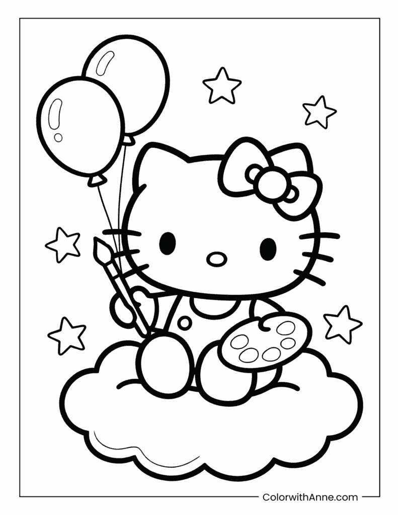 Hello Kitty on a Cloud Painting with Palette Coloring Page