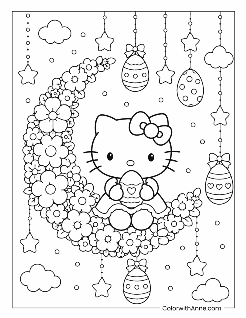 Hello Kitty on a Flower Moon with Hanging Easter Eggs Coloring Page