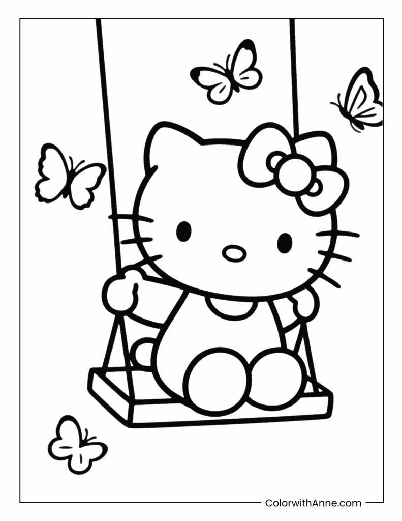 Hello Kitty on a Swing with Butterflies Coloring Page