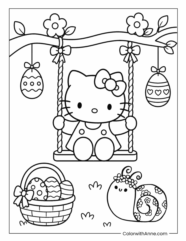 Hello Kitty on an Swing with Easter Eggs Coloring Page