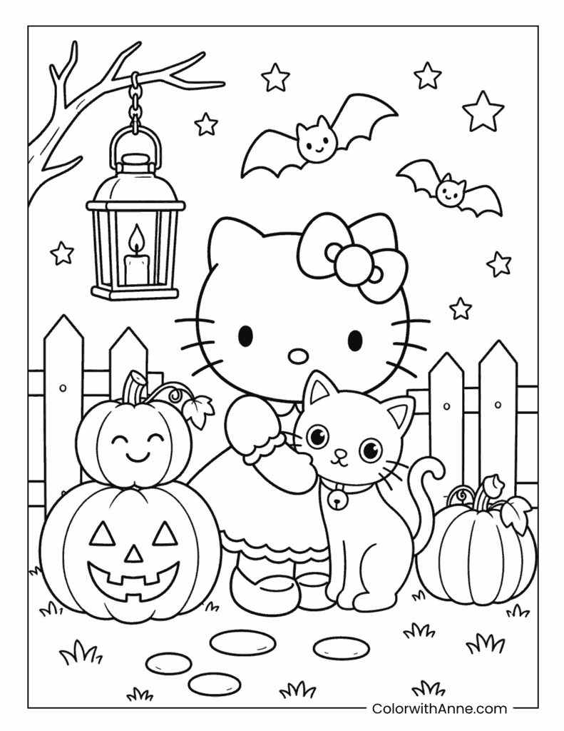 Hello Kitty with Black Cat and Jack-o'-Lanterns Coloring Page