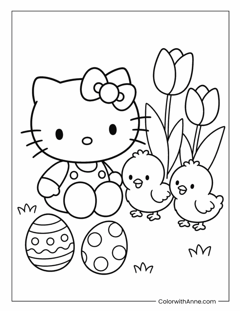 Hello Kitty with Chicks and Easter Eggs Coloring Page