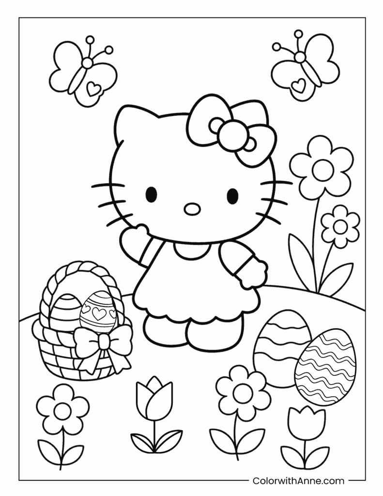 Hello Kitty with Easter Basket and Flowers Coloring Page