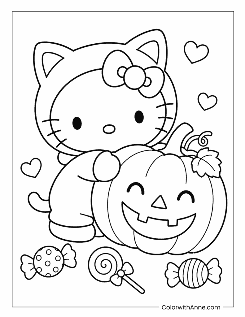 Hello Kitty with Jack-o'-Lantern and Candies Coloring Page