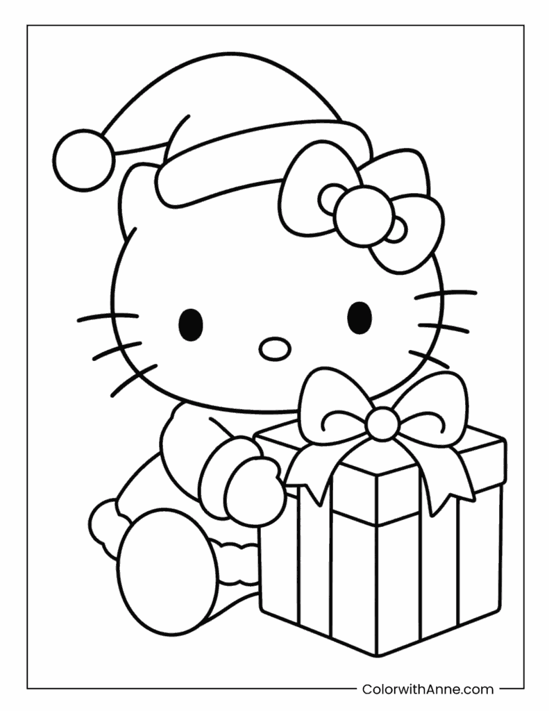 Hello Kitty with a Big Christmas Gift Coloring Page