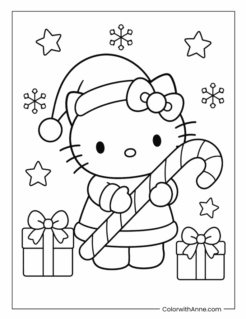 Hello Kitty with a Giant Candy Cane Coloring Page