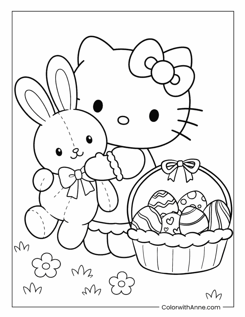 Hello Kitty's Easter Basket and Bunny Friend Coloring Page