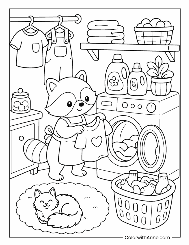 Helpful Raccoon’s Cozy Laundry Day Coloring Page