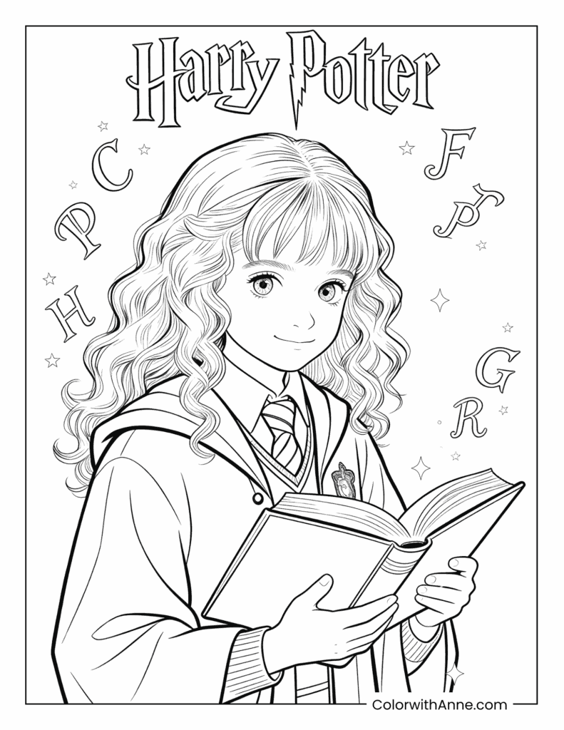 Hermione Granger Reading a Book Harry Potter Coloring Page