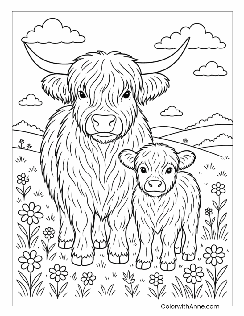 Highland Cow And Calf In Flower Meadow Coloring Page