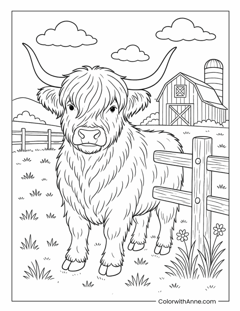 Highland Cow By Barn And Fence Coloring Page