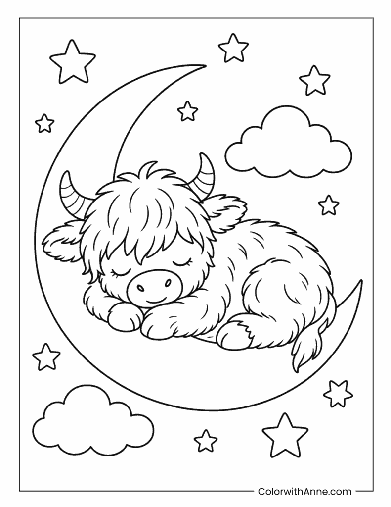 Highland Cow Calf Resting On Moon Coloring Page