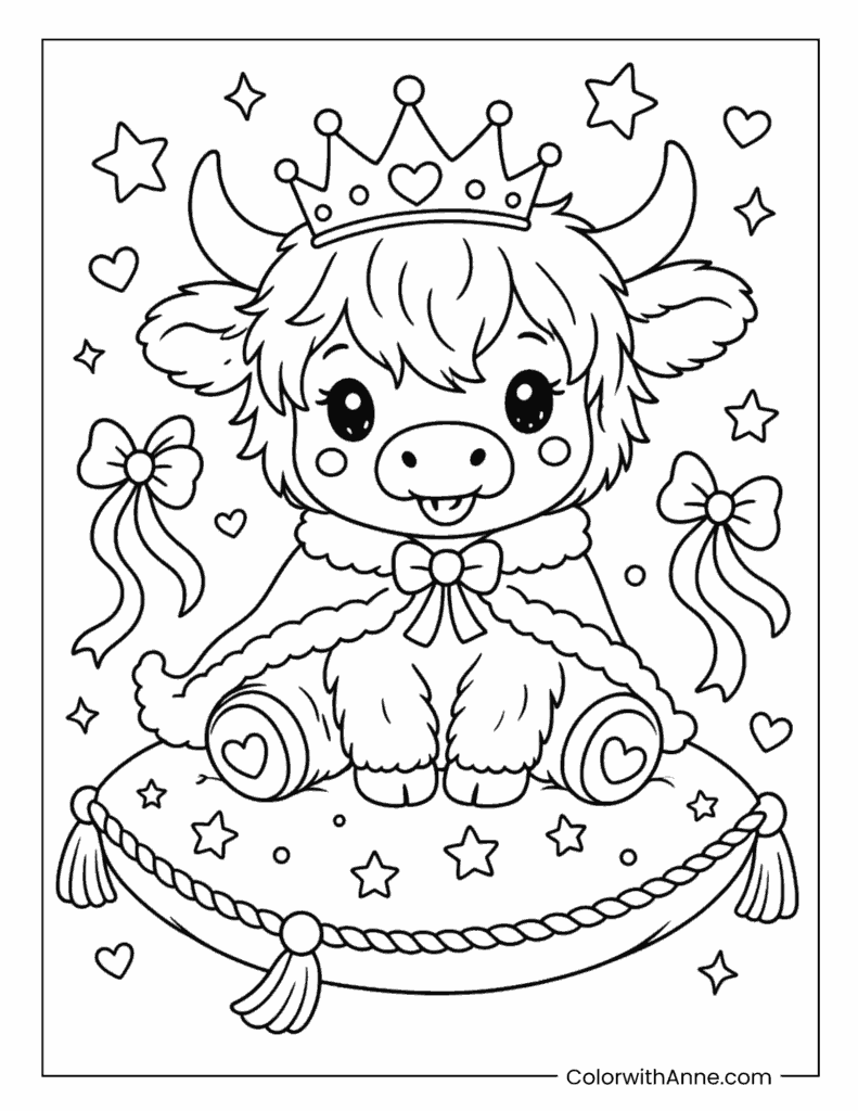 Highland Cow Crowned On Pedestal Coloring Page